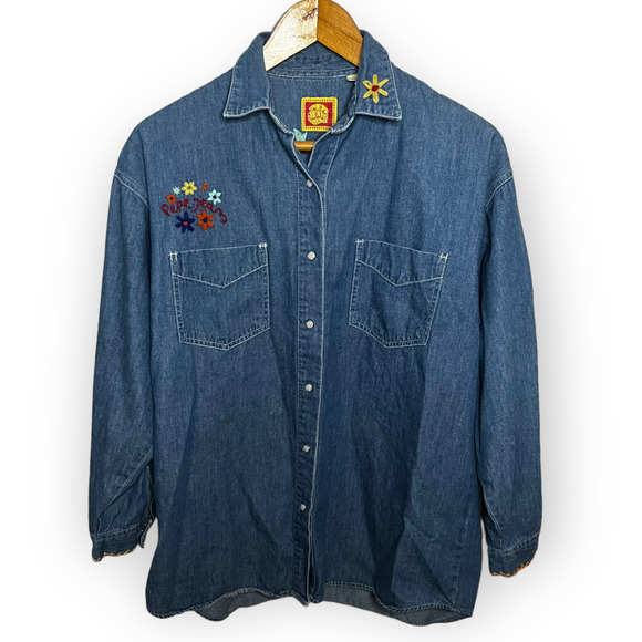 Vintage 90's Pepe Jeans London Women's Embroidered Floral Denim Shirt Size Small - Picture 1 of 12